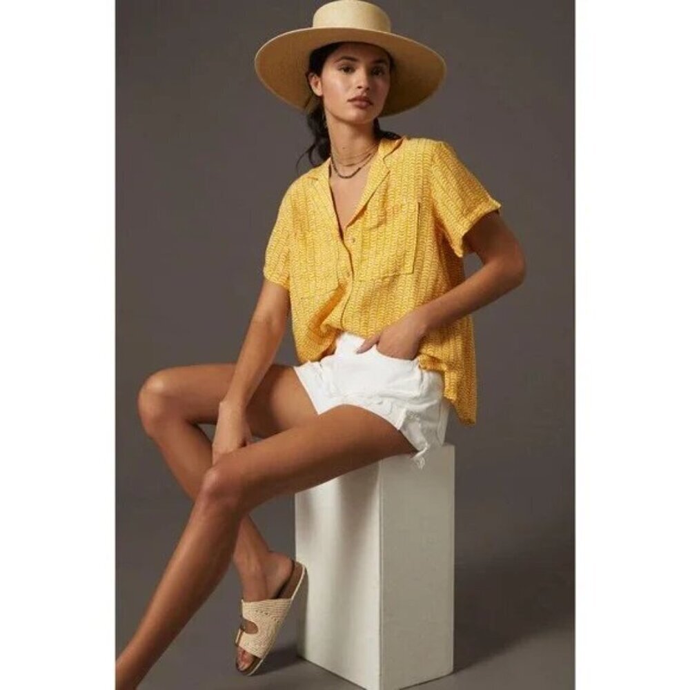 Anthropologie‎ Maeve Yellow White Print Button Down Linen Blend Top